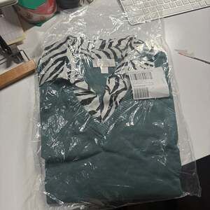 Belle by Kim Gravel Feather Knit Sweater and Woven Zebra Print Combo in Peacock